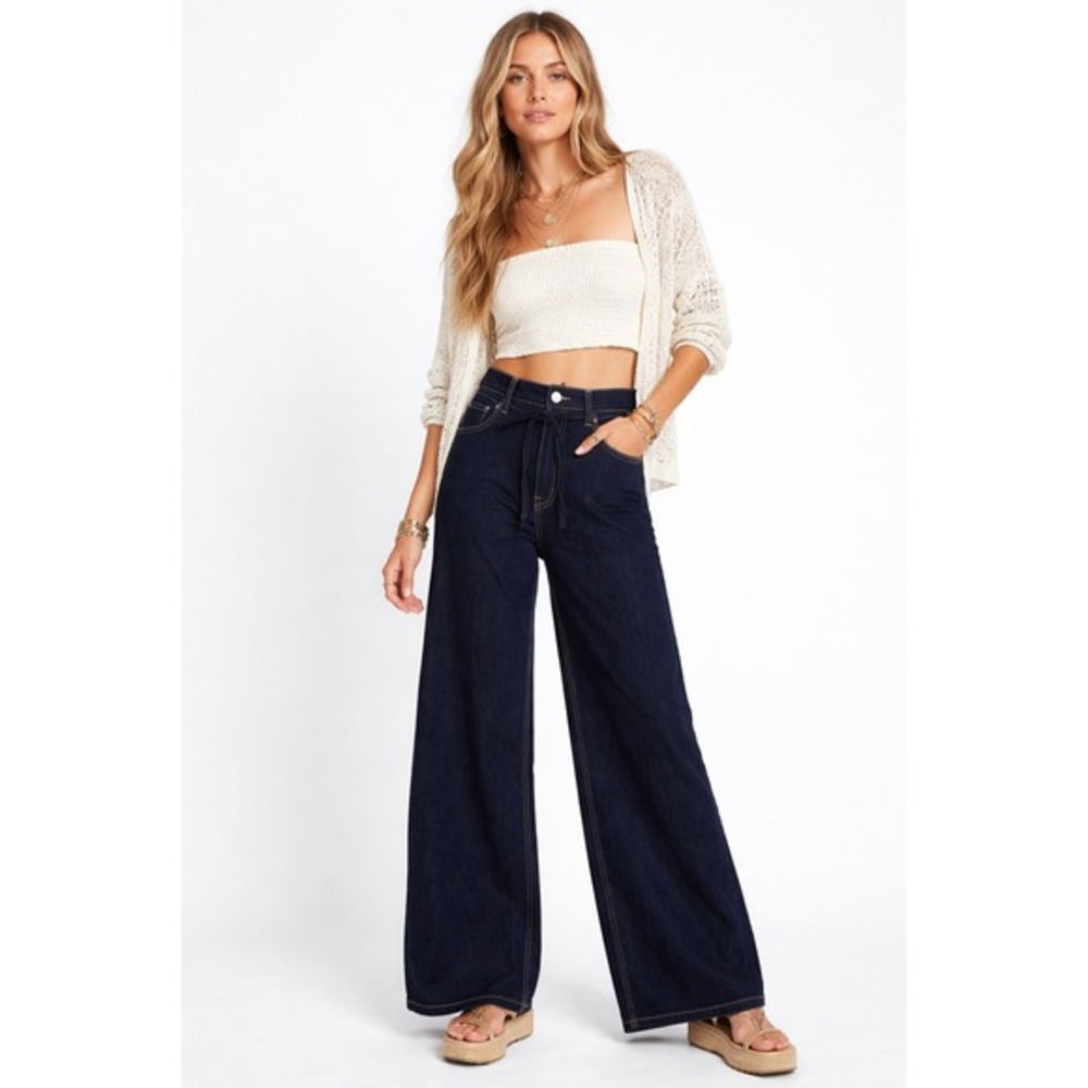 Bridge‎ By Gly Womens High Rise Wide Leg Jeans Indigo Blue Tie Waist Size 10 NWT
